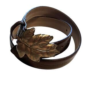 Talbots Brown Leather Belt Womens Medium Leaf Buckle Croc Vintage Statement